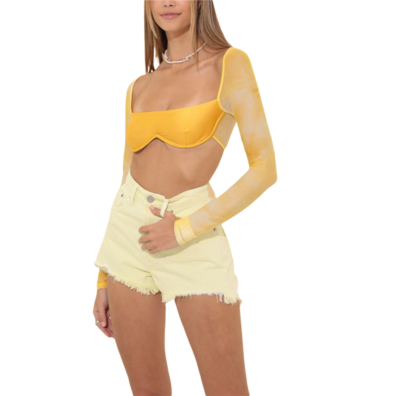 Sexy Solid Color Corset Top Y2k Women Long Sleeve Mesh Patchworkshirt Aesthetic Harajuku