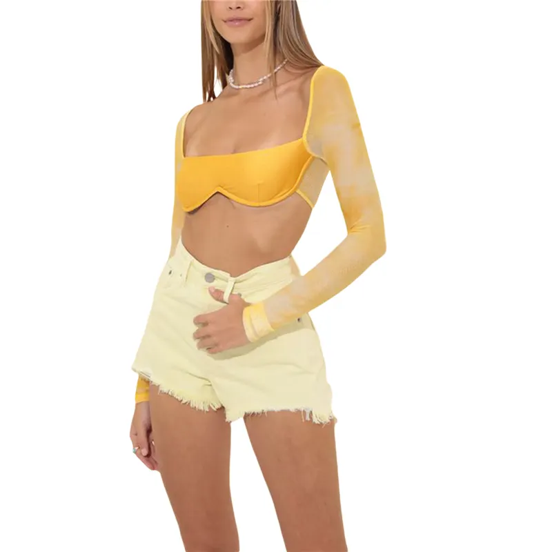 Sexy Solid Color Corset Top Y2k Women Long Sleeve Mesh Patchworkshirt Aesthetic Harajuku