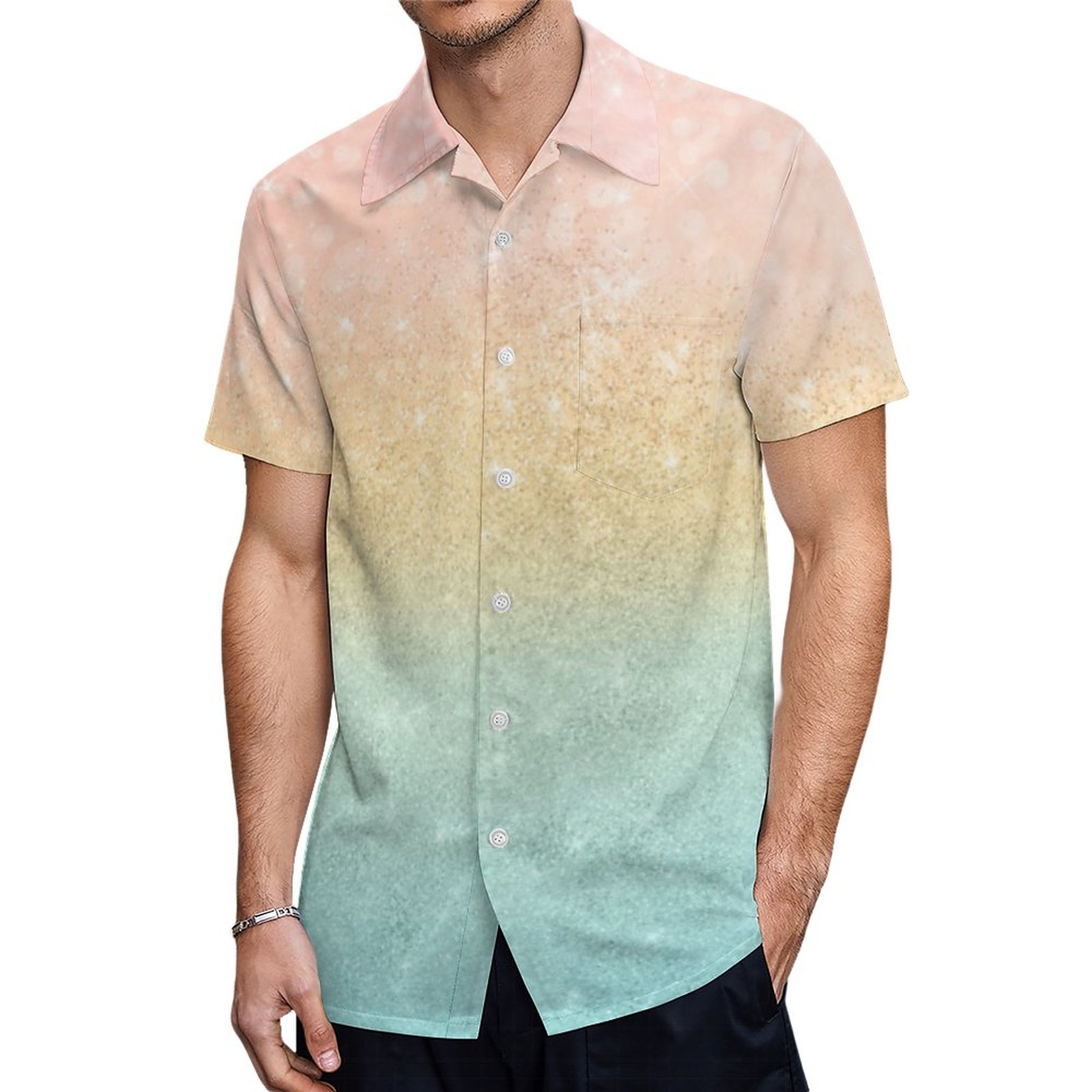 Pink Gold Mint Glitter Ombre Luxury Design Hawaiian Shirt Mens Button Down Tropical Hawaii Beach Shirts