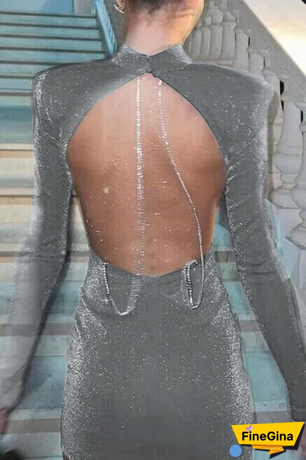 Black Sexy Solid Patchwork Chains Backless O Neck Pencil Skirt Dresses