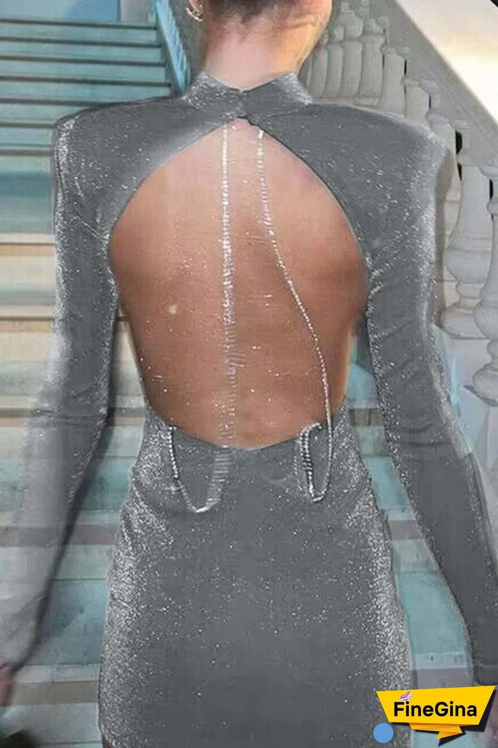 Black Sexy Solid Patchwork Chains Backless O Neck Pencil Skirt Dresses