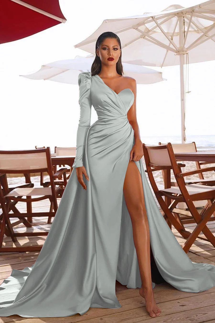 One Shoulder Long Sleeves Prom Dres With Split PD0105
