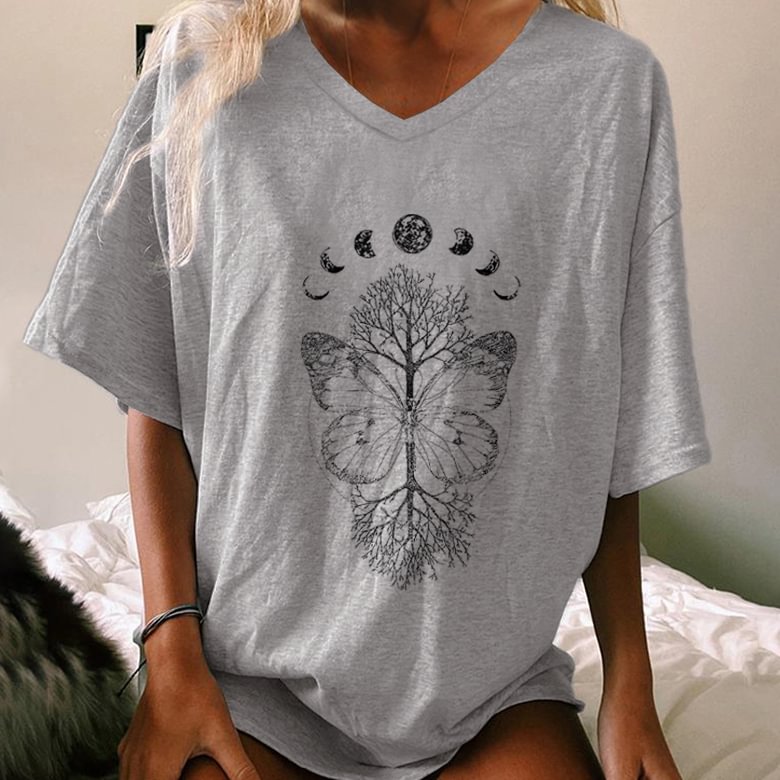   Butterfly Tree And Moon Printed Women's V Neck Loose T-shirt - Neojana