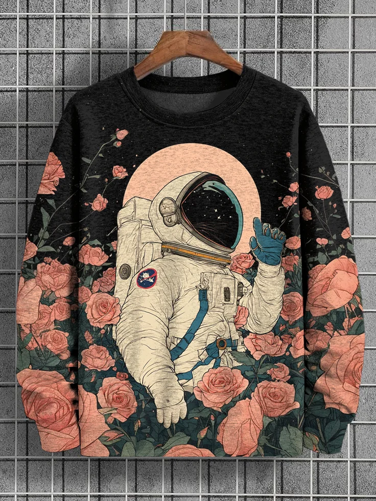 Men's Astronaut Meets Flower Field In Outer Space Print Casual Sweatshirt