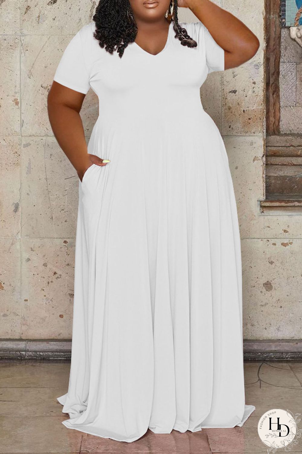 White Casual Solid Patchwork V Neck Straight Plus Size Dresses