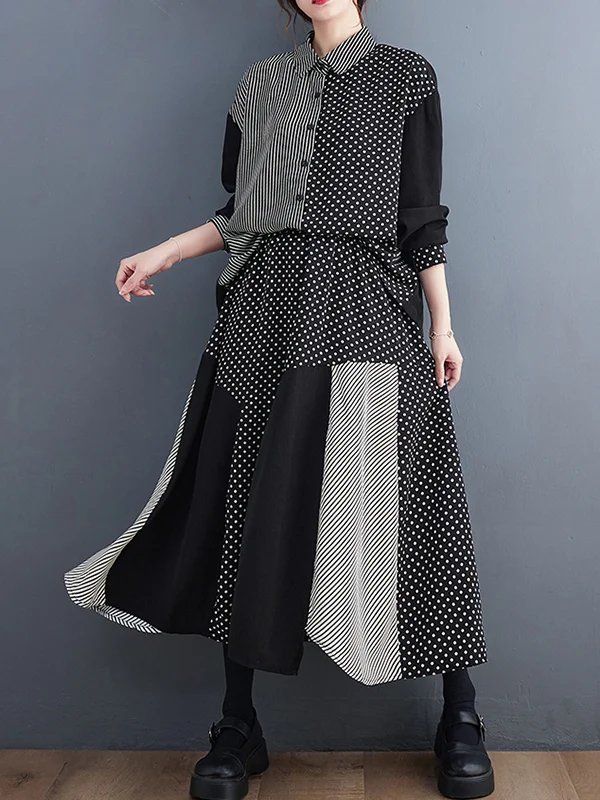 Loose Oversize Striped Polka-Dot Split-Joint Blouse Top A-Line Skirt Bottom Two Pieces Set