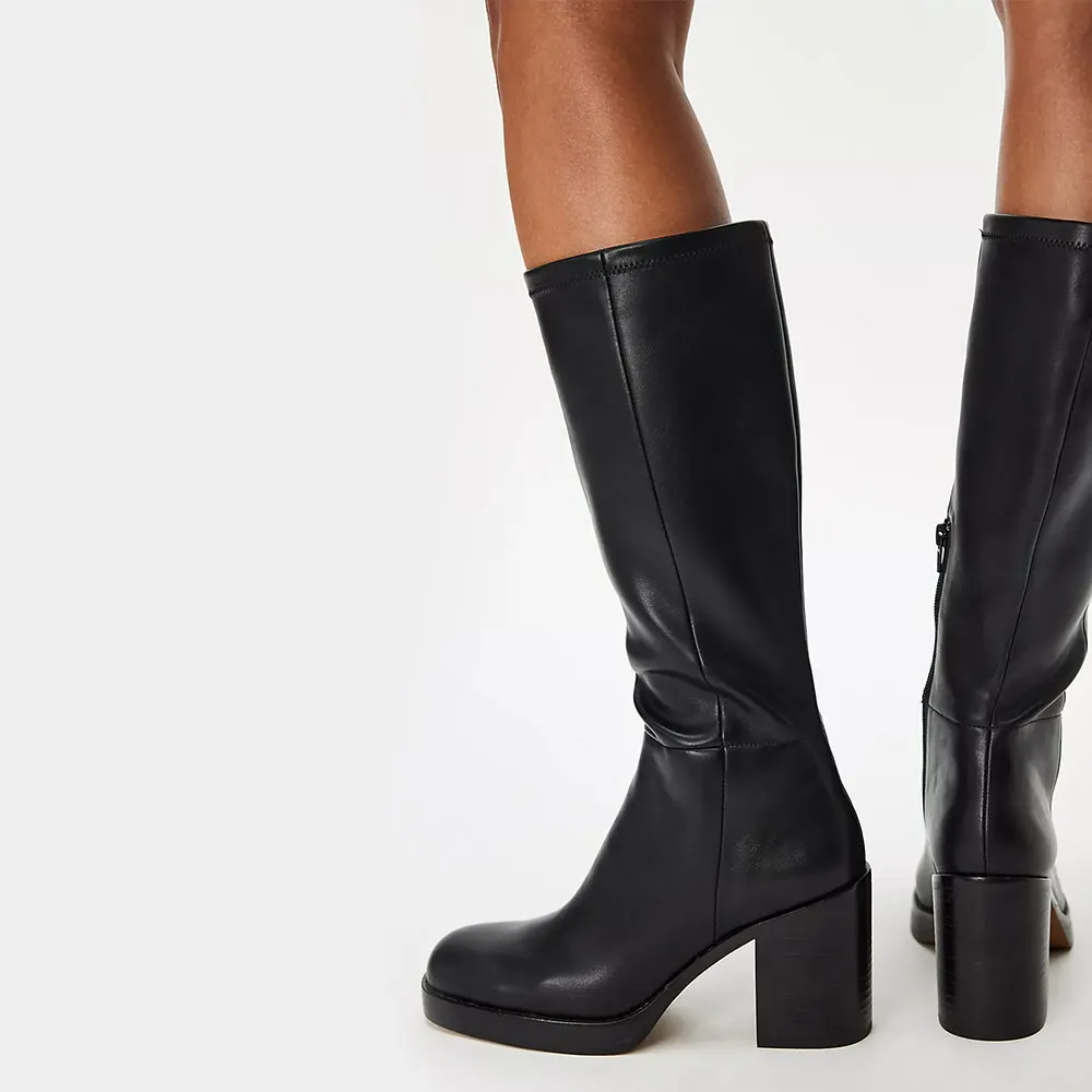 Black Square Toe Platform Chunky High Heel Long Boots for Women