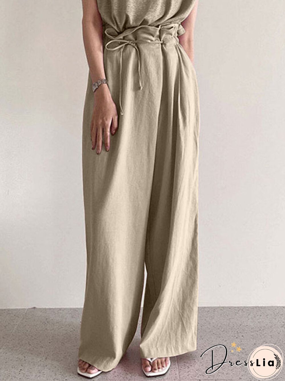 Ruffle Waist Solid Pocket Casual Loose Wide Leg Pants