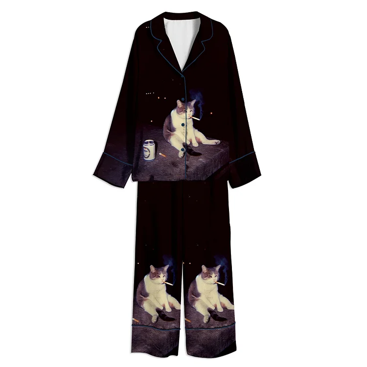 cigarette pajama Tokyo-Mood Funny Smoking Cigarette Cat Unisex Long Sleeve Satin Pajama Set