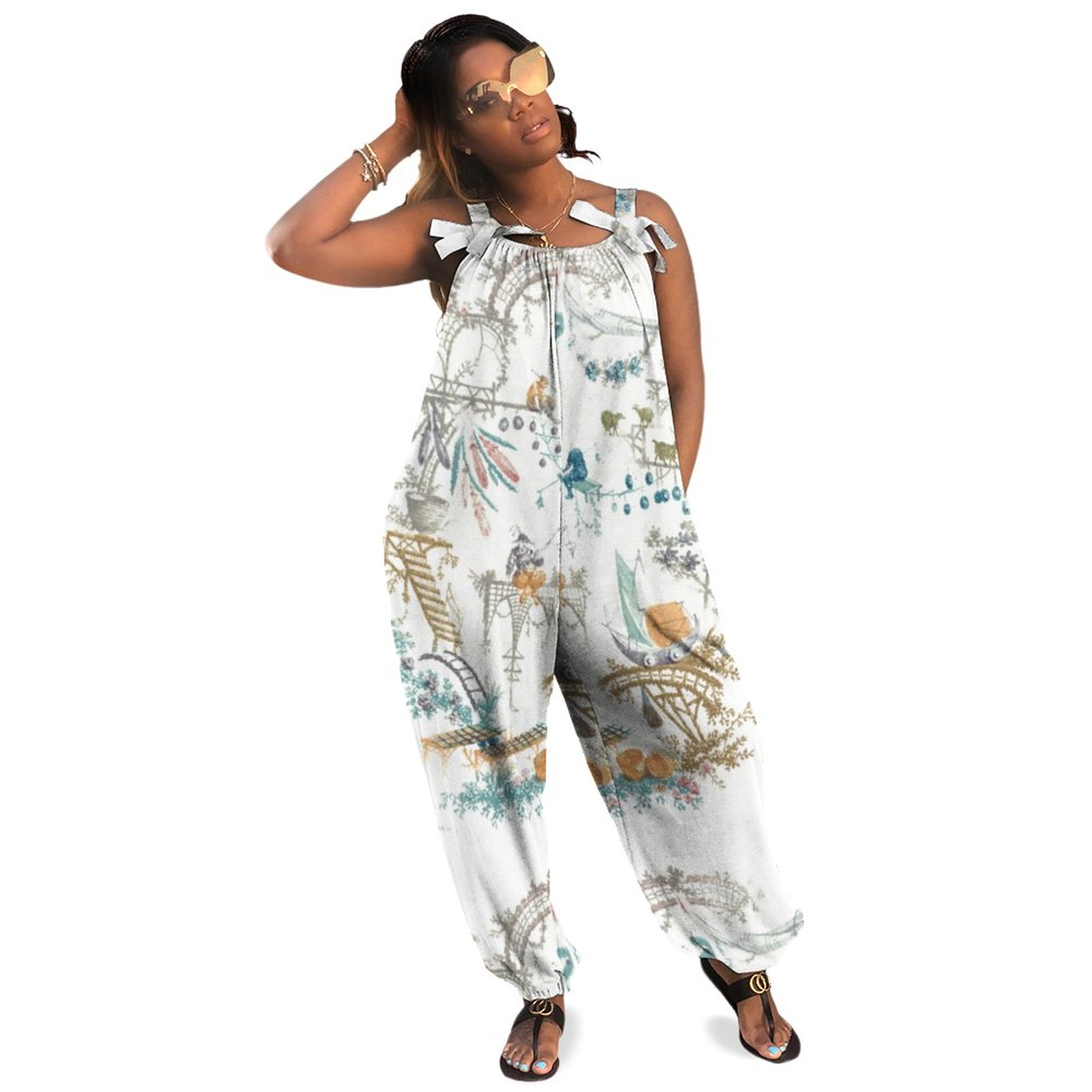 Chinese Arabesque Women Plus Size Jumpsuit Summer Loose Harem Pants Casual Overalls Outfit Summer Jumpsuit For Formal Event Capri Rompers Long Length Polyester Spandex