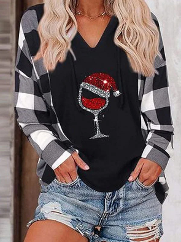 Checkered Wine Glass Christmas Tops for Women