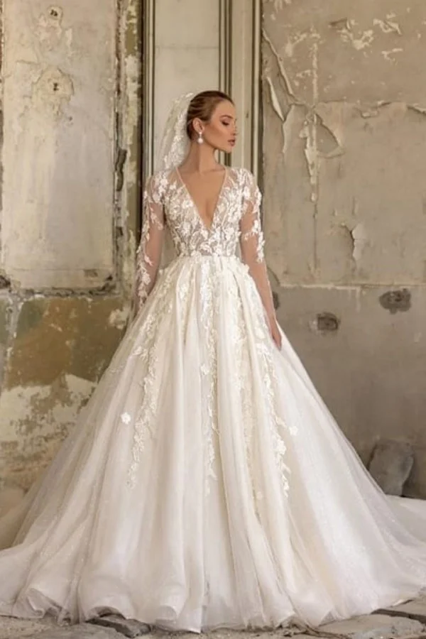 Deep V-neck Long Sleeves A-Line Floor-length Wedding Dress With Appliques Lace Ruffles Tulle