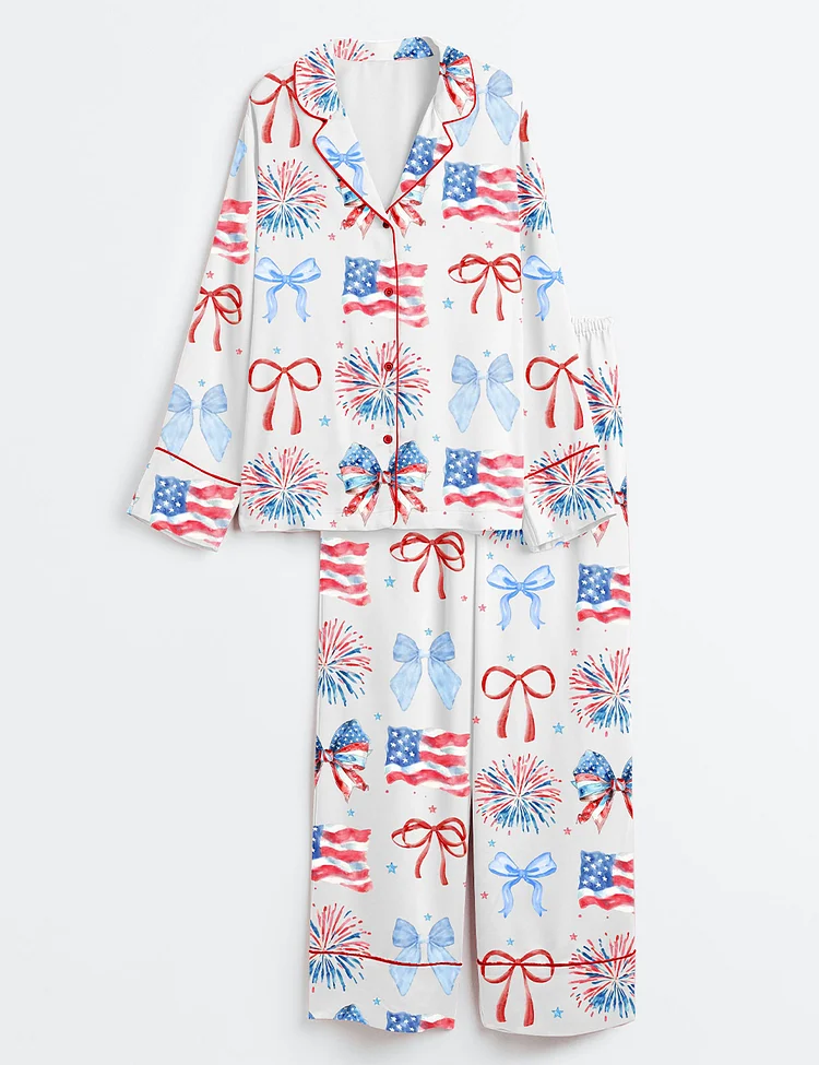 Women&rsquo;s USA Coquette Bow Retro America 4th Of July Print Long Sleeve Satin Pajama Set