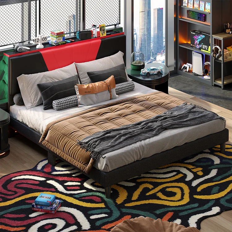 Bestier Bed Frame with LED Adjustable Storage headboard, PU Leather Upholstered Platform Bed, Black & Red