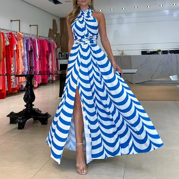 Comstylish Contrasting Wave Print Sleeveless Maxi Dress