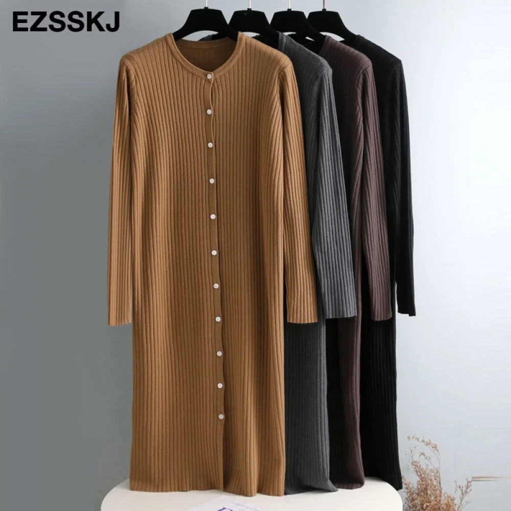 autumn winter o-neck button oversize long sweater dress chic loose knit dress women long dress Female chic sweater maixt dress
