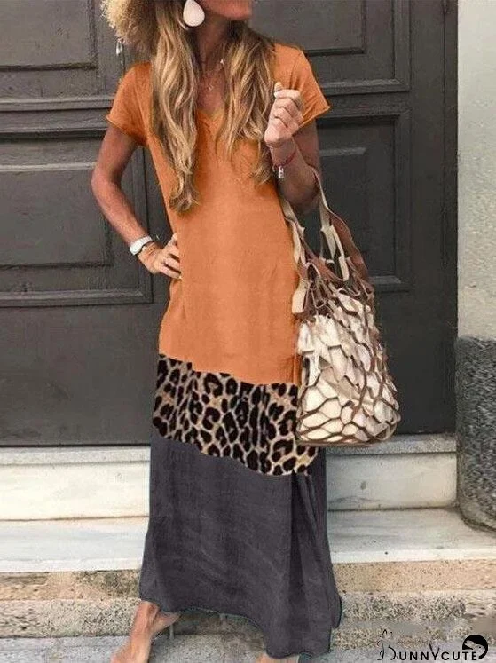 Loose Leopard Print Stitching Short Sleeve Printed V-neck Dress
