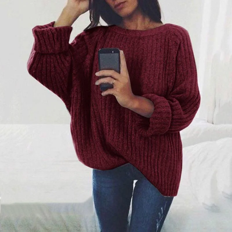 Sweater Women's Fashion Solid Color Round Neck Knitted Top Sweater Pullover