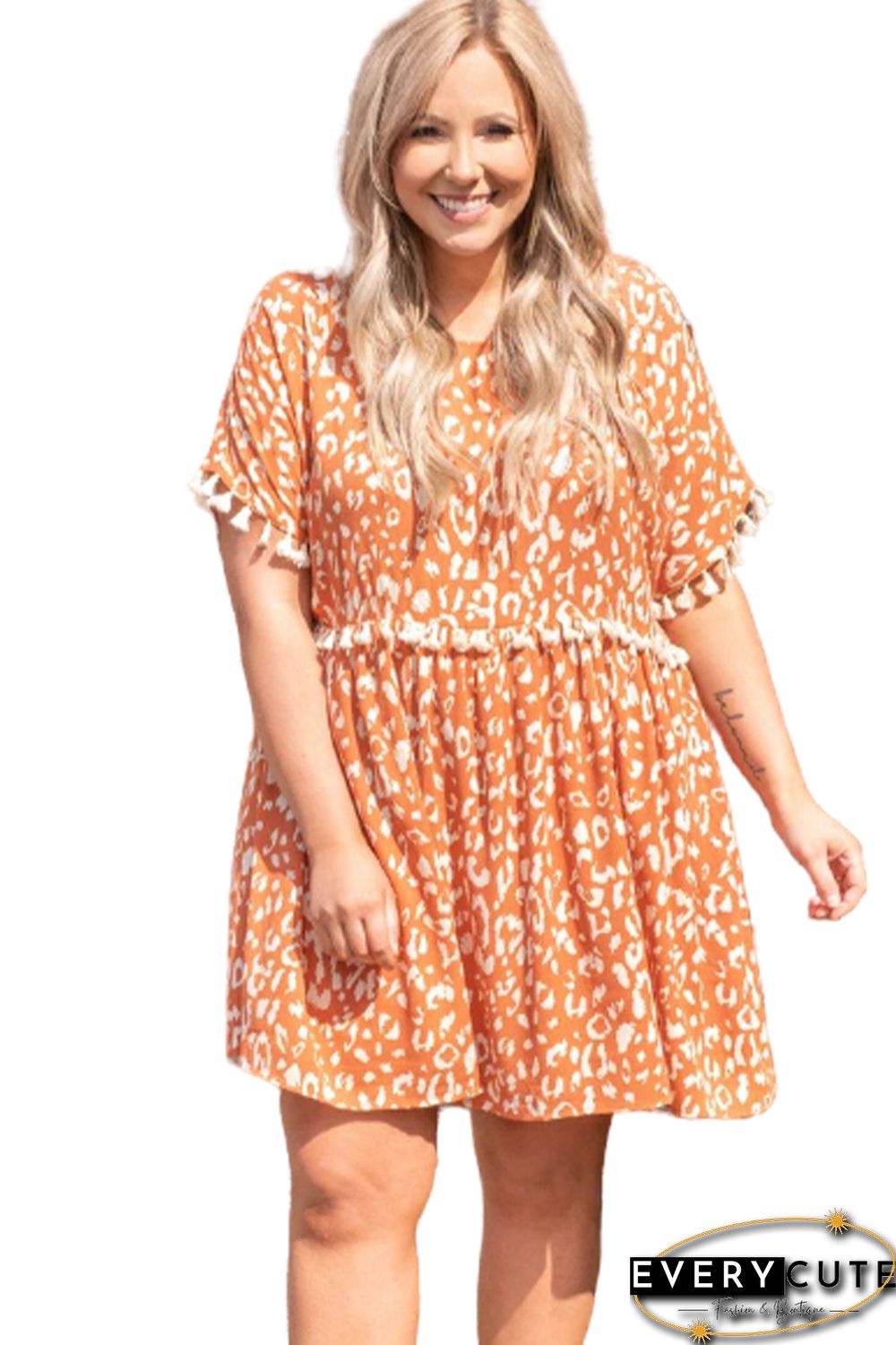 Orange Printed Tasseled Plus Size Swing Mini Dress