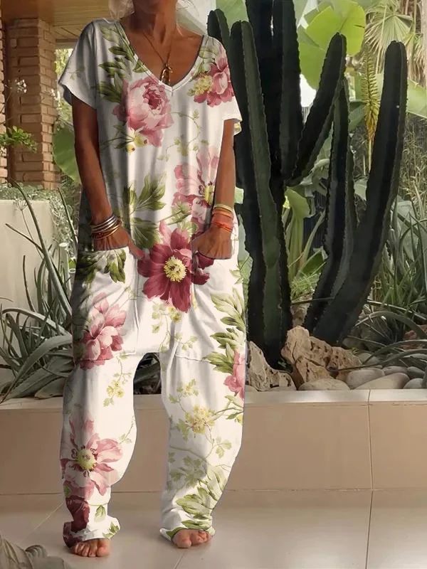 Casual Floral Print V-neck Jumpsuit