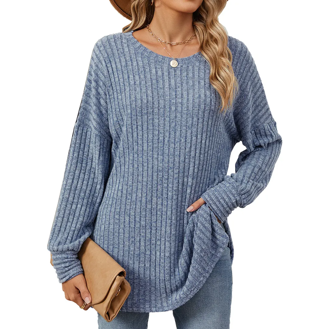 Churchf Churchf / Winter 2024 New Round Collar Pit Strip Solid Color Casual Long-Sleeved T-Shirt Top