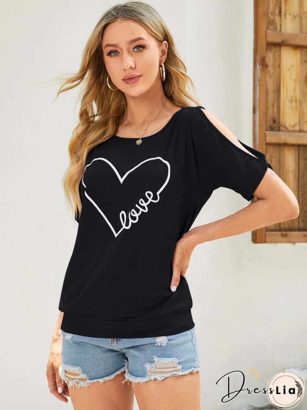 Letters Heart Printed O-neck Off Shoulder Blouse