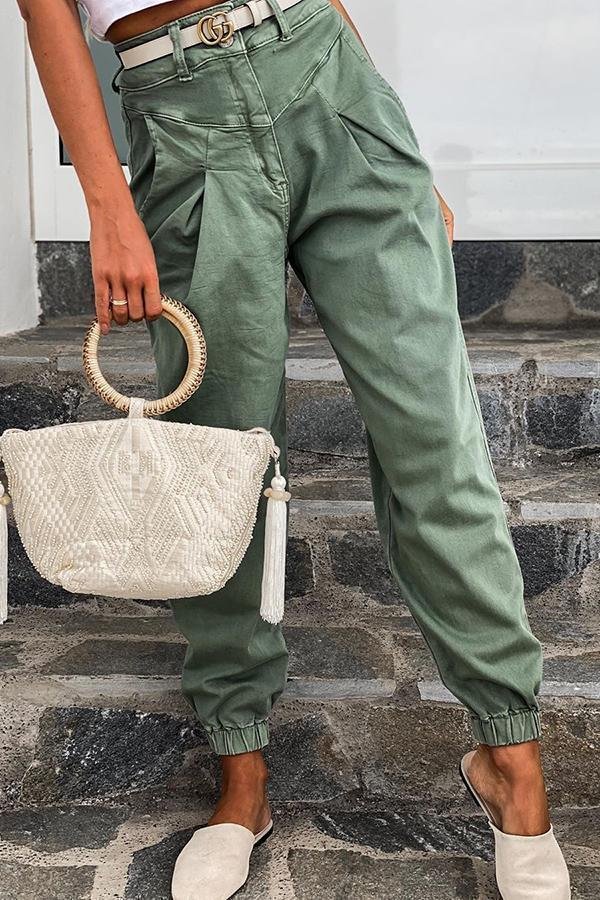 Womens Slouchy Casual Pleated Green Jeans-Allyzone-Allyzone