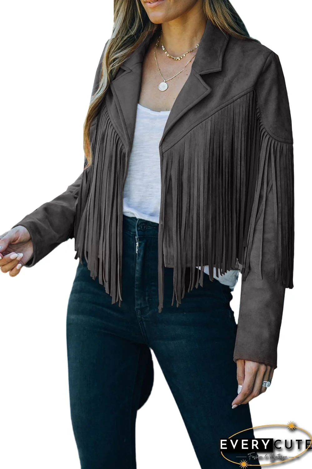 Gray Cropped Fringe Faux Suede Jacket