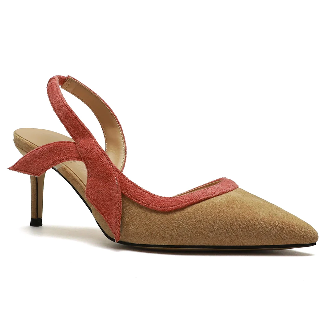 65mm Women's  Kitten Heels Pointed Toe Slingback Pumps Wedding Official Suede Sandals-MERUMOTE