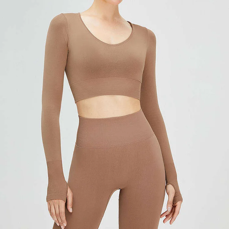 PASUXI Women Seamless Workout 2 Piece Long Sleeve Crop Top Gym Fitness Sets huanwei