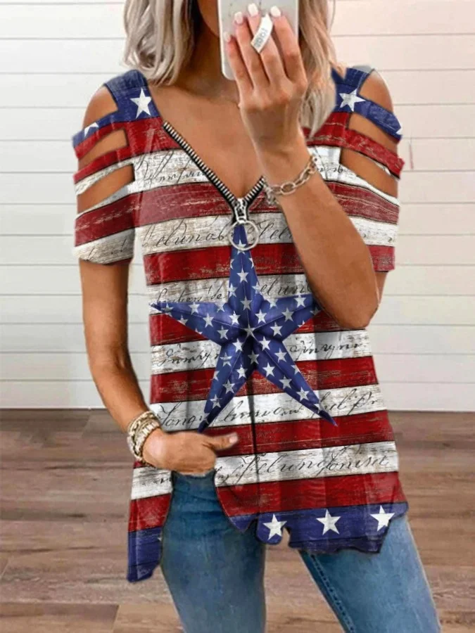 Stars And Stripes Print Off-The-Shoulder T-Shirt