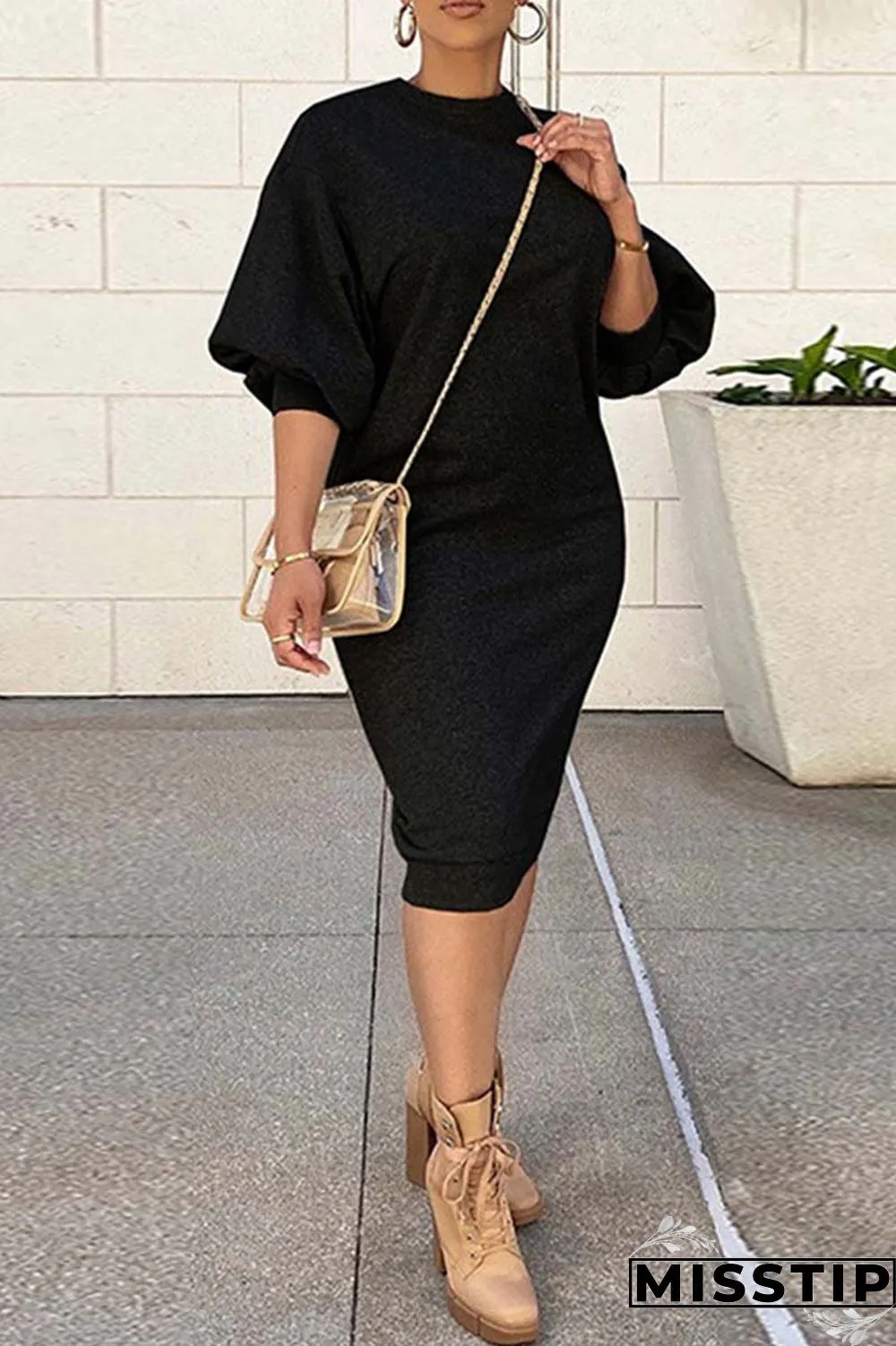 Brown Casual Solid Basic O Neck Long Sleeve Dresses