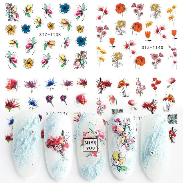 Nail Stickers Water Transfer Multiple Colors Sketchs Flower Designs 4Pcs/Set Nail Decal Decoration Tips For Beauty Salons