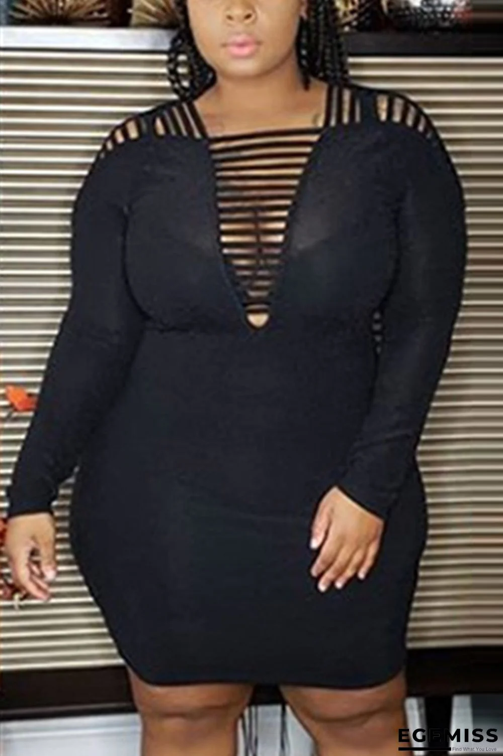 Black Fashion Sexy Long Sleeve Plus Size Dress | EGEMISS