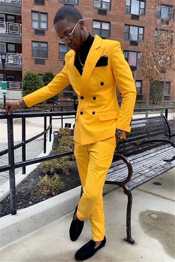 Handsome Yellow Designer Paked Lapel Wedding Suits For Men With Double Breasted | Ballbellas Ballbellas