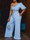 Simple Puff Sleeve Short Sleeve Empire Belted Wide Leg Jumpsuit