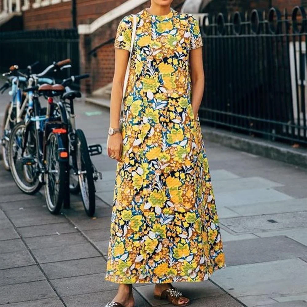 Vintage Print Round Neck Short Sleeve Maxi Dress