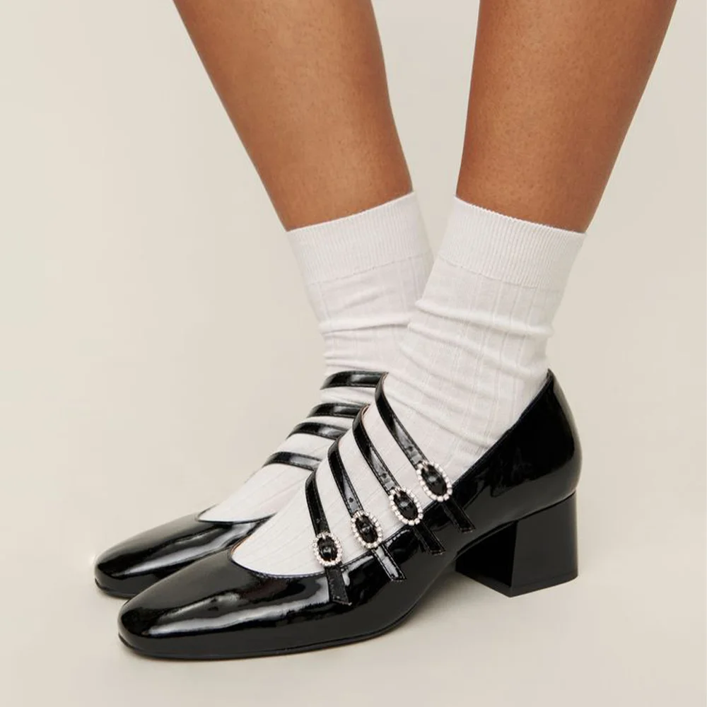 Black Patent Leather Closed Toe Maryjane Shoes With Buckle Chunky Heels Nicepairs