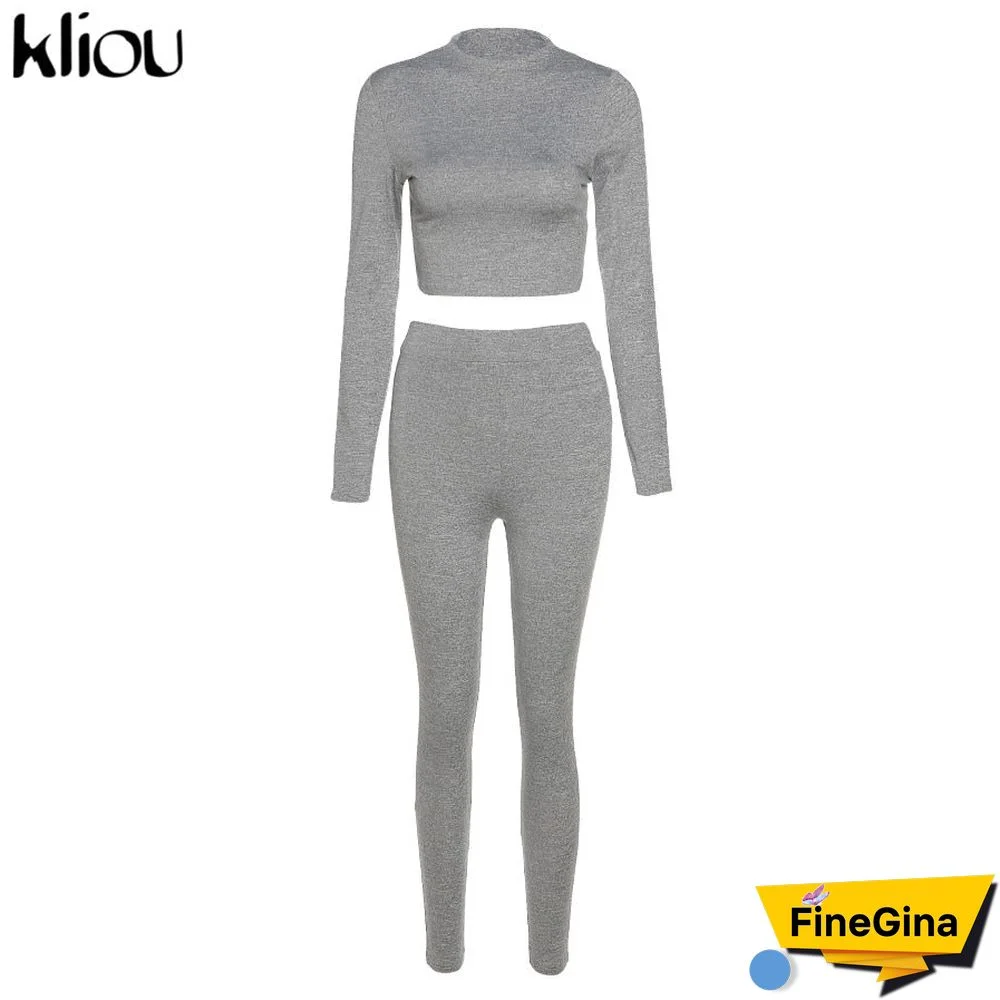 Kliou fashion tracksuit women turtleneck full sleeveless crop top+leggings matching set stretchy sporty fitness casual outfits