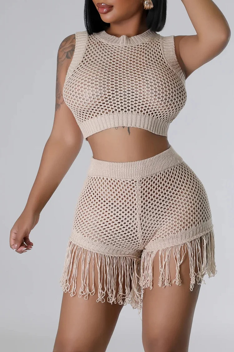 Knit Hollow Out Sleeveless Crop Top Fringed Shorts 2pcs Set-Beige