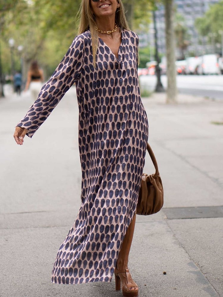 Printed Long Sleeves Loose Deep V Neck Maxi Dresses