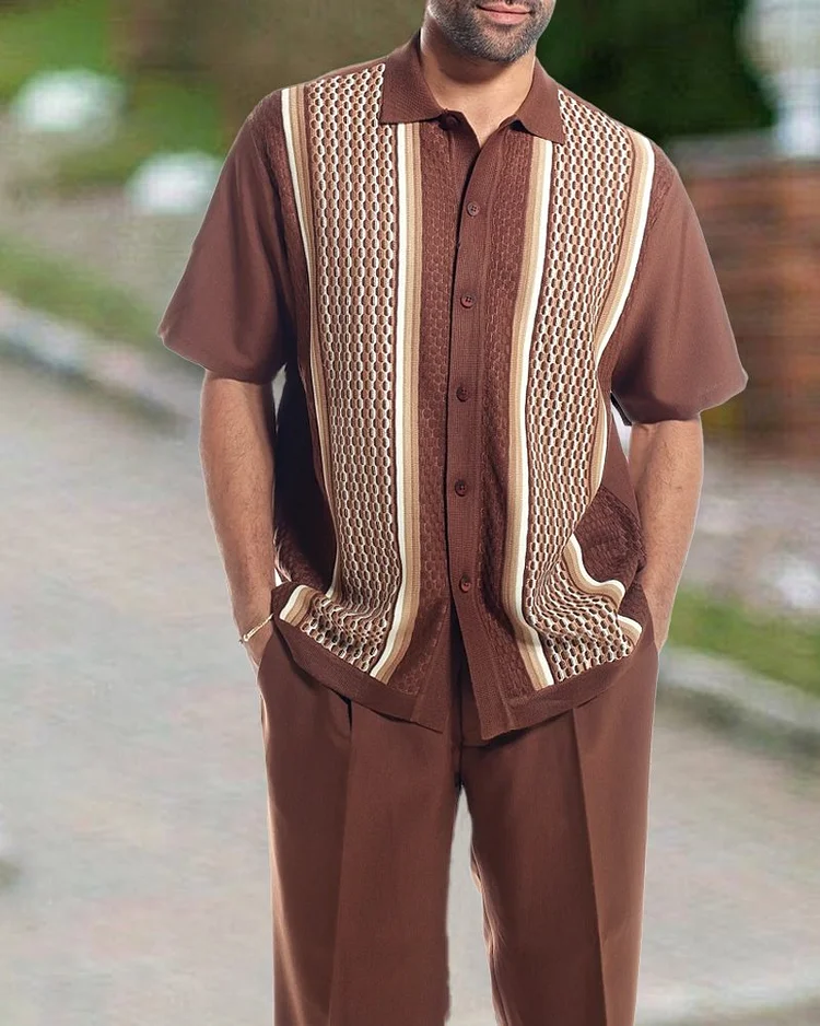 Short Sleeve Print Walking Two Piece Suit Set With Long Pants