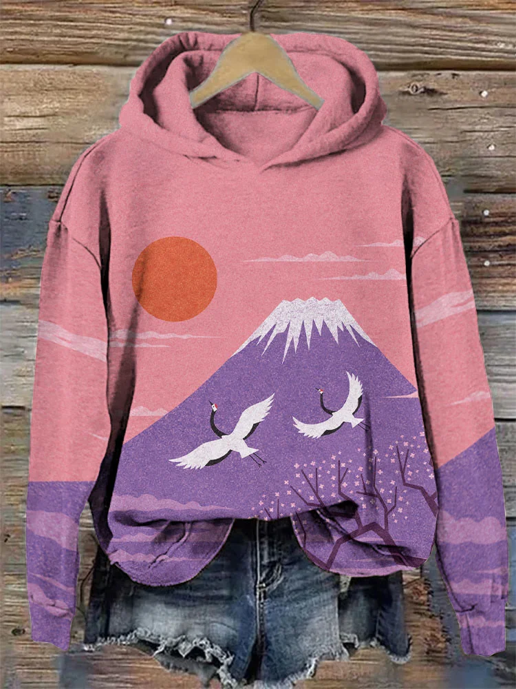 Japanese Crane Color Block Print Hoodie