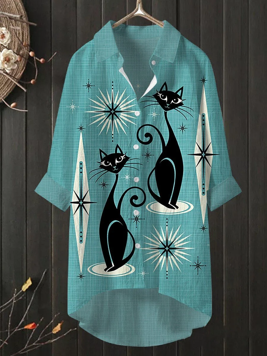 Women's Vintage Cat Art Print Casual Shirt Dress.