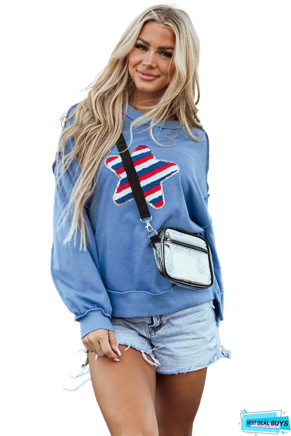 Sky Blue Sequin Trim Embroidered Star USA Pattern Sweatshirt
