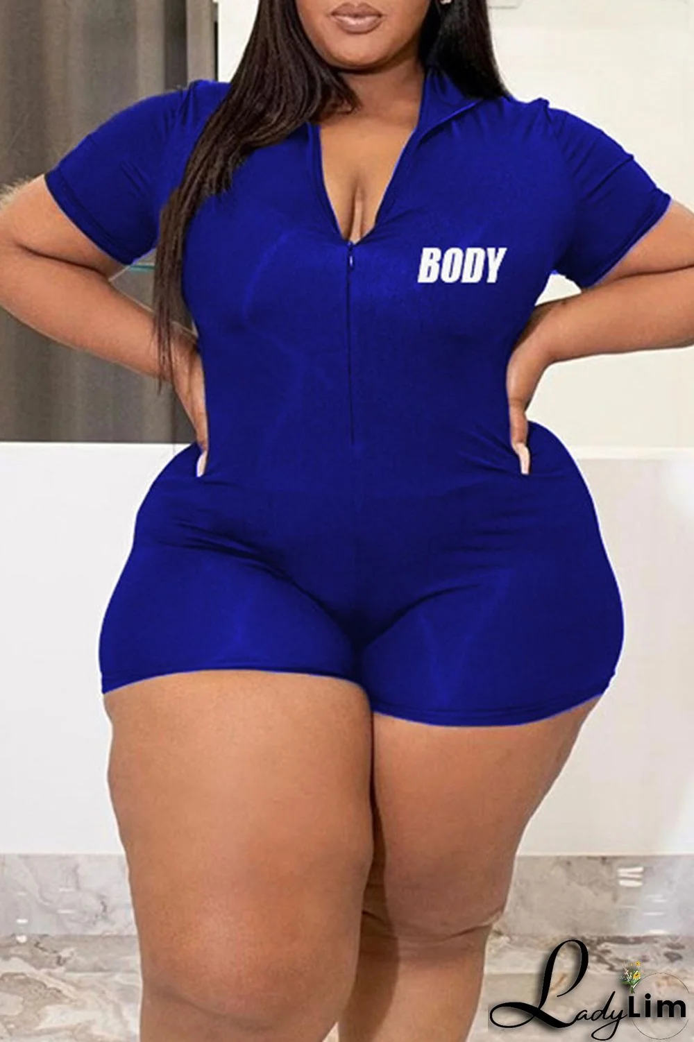 Blue Casual Print Split Joint Zipper Collar Plus Size Jumpsuits