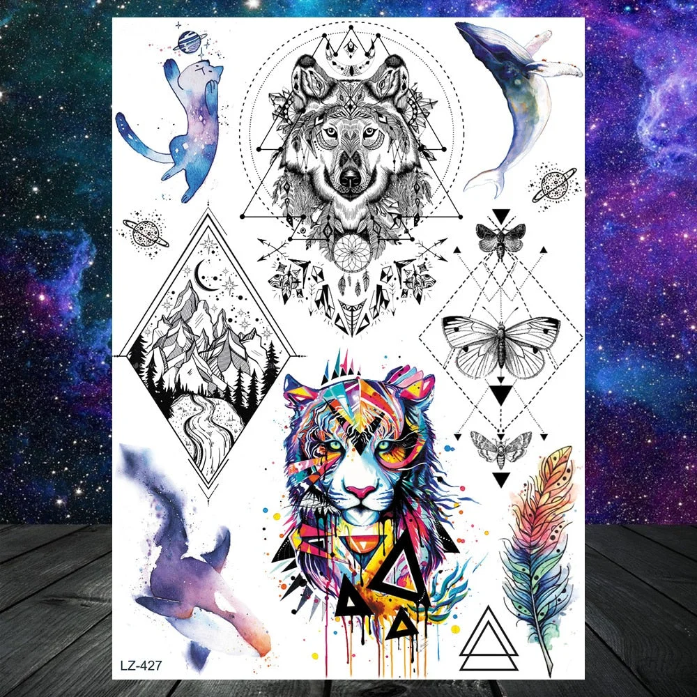 Realistic Fake Black Animal Temporary Tattoos Sticker For Men Women Geometric Wolf Outer Space Tatoo Temporary Decal For Kids