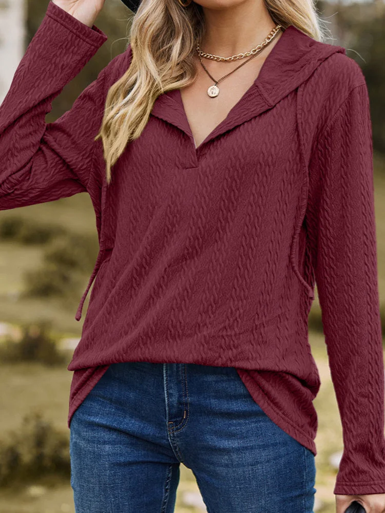 Women's Stitching Pockets Solid Color Long Sleeve V-neck Top