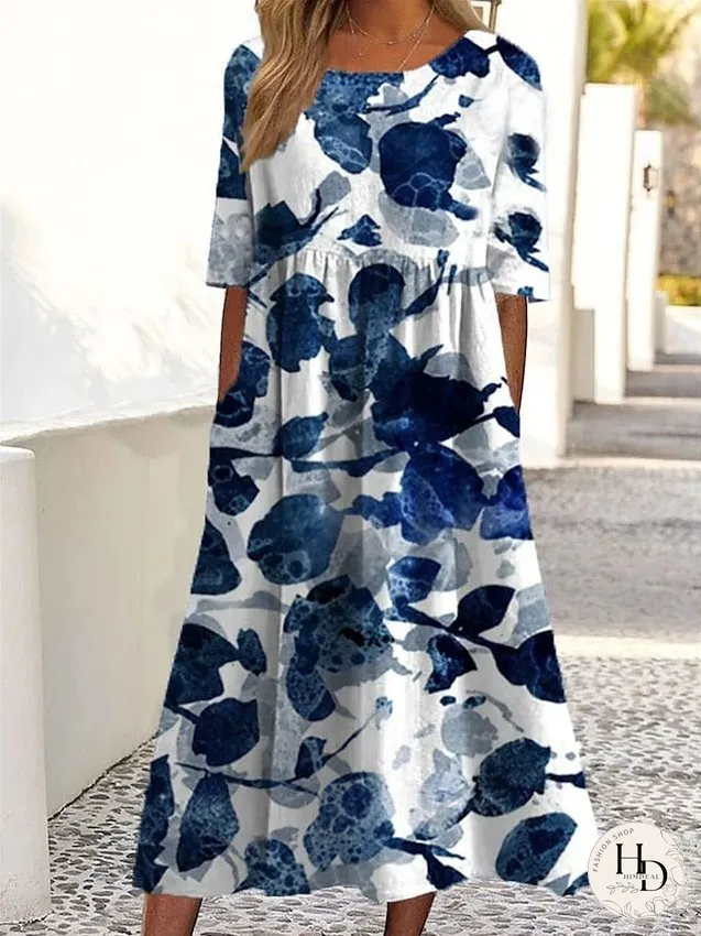 Casual Dress Summer Dress Print Dress Floral Ruched Pocket Crew Neck Midi Dress Fashion Streetwear Outdoor Street Short Sleeve Loose Fit White Blue Dark Blue Summer Spring S M L XL XXL for Women