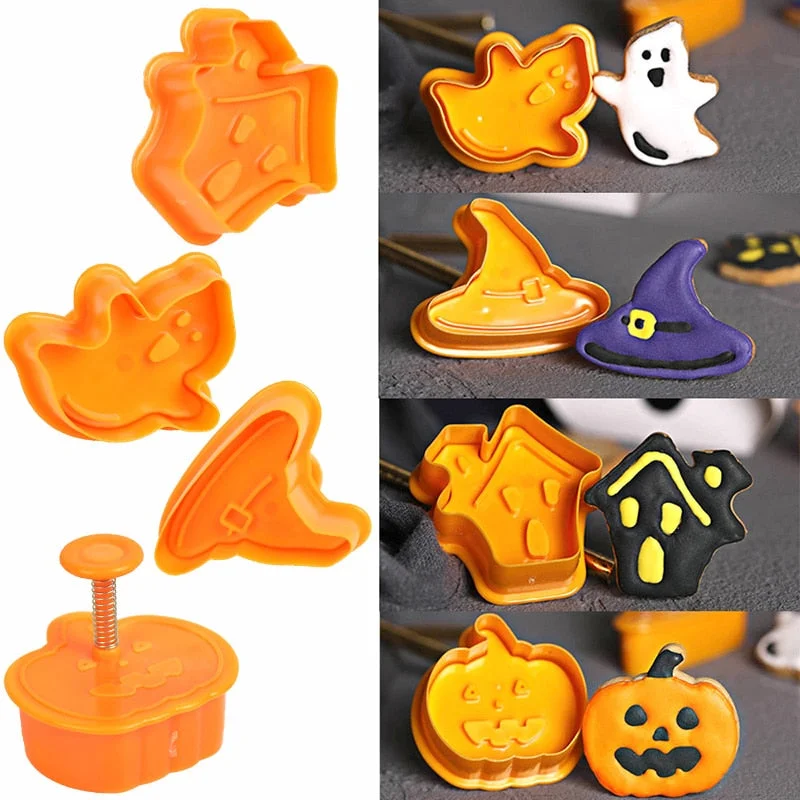 4pcs Halloween Party Decoration Pumpkin Ghost Theme Plastic Cookie Cutter Plunger Fondant Chocolate Mold Cake Decorating Tools